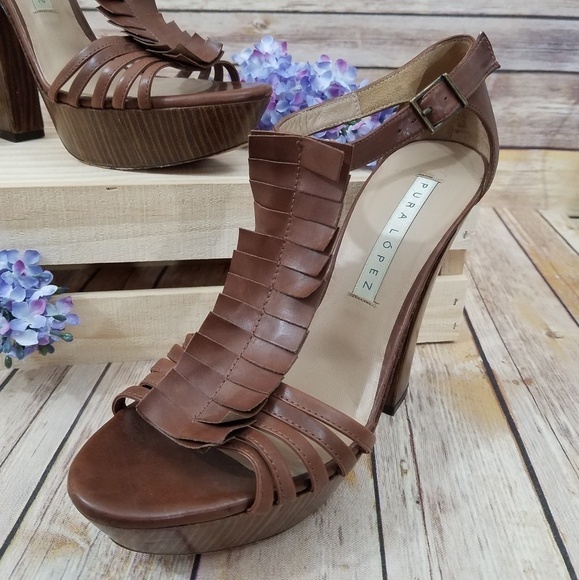 PURA Lopez 40 Brown Ruffle T Strap Wooden Heels - Picture 2 of 8